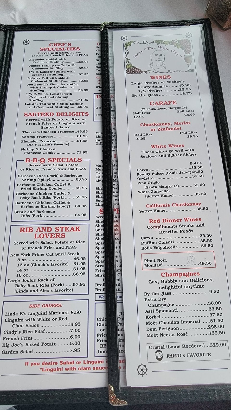 Printed seafood menu with classic dishes.